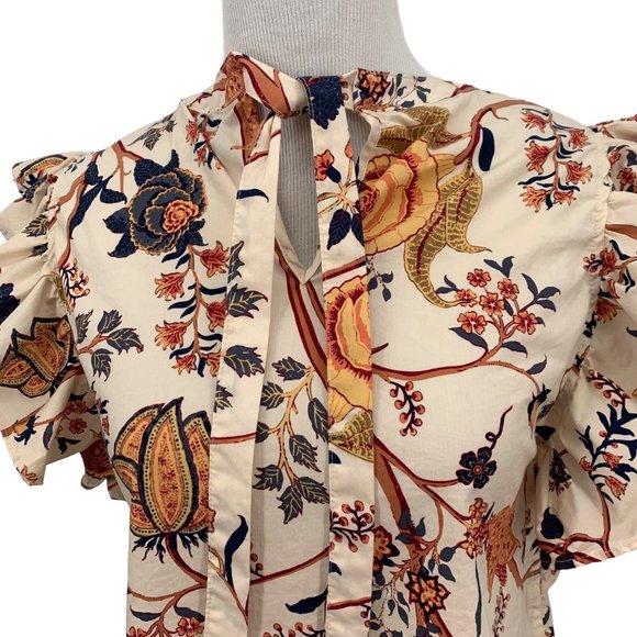 Elie Tahari SZ Small Multicolor Blouse Short Flutter Sleeve Paisley Floral Top - Picture 3 of 7